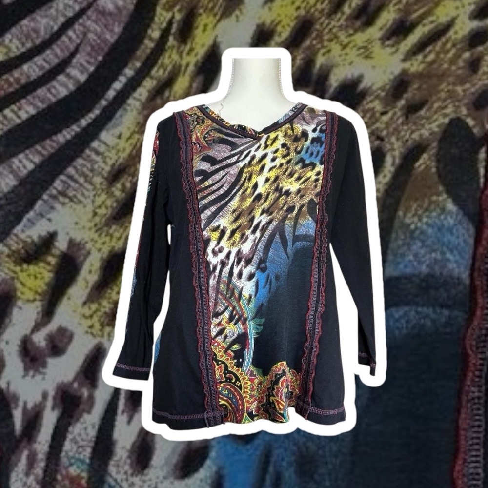 Y2K‎ Paisley & Sage Animal Leopard Print Long Sleeve Multicolor Funky Top Size L